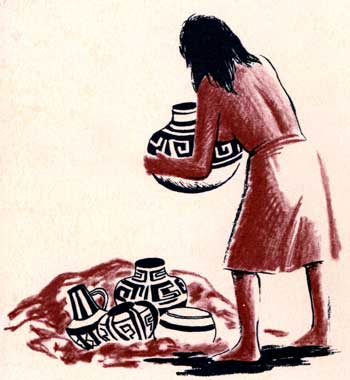 drawing of Native American with pottery