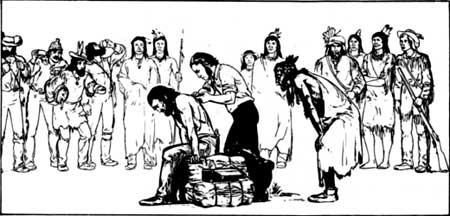 sketch of missionaries with Native Americans