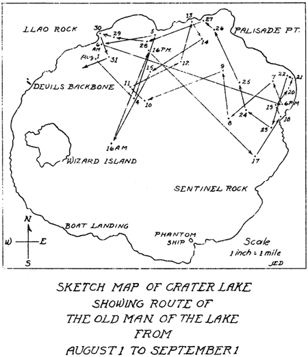 sketch map of Crater Lake showing route of the 'Old Man of the Lake'