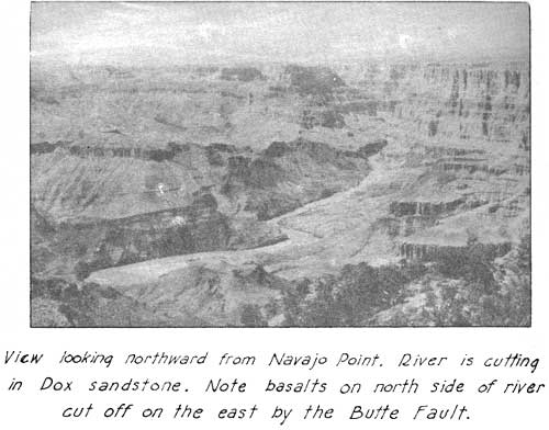 View looking northward from Navajo Point. River is cutting
in Dox sandstone. Note basalts on north
side of river cut off on the east by the Butte fault.