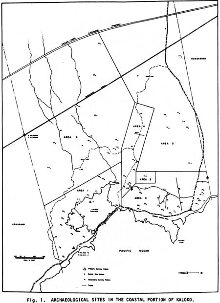 map of archeological sites along coastal Kaloko