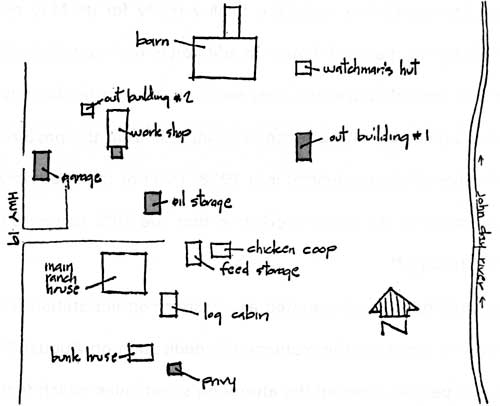 Sketch map of buildings at the Cant Ranch, February 1976